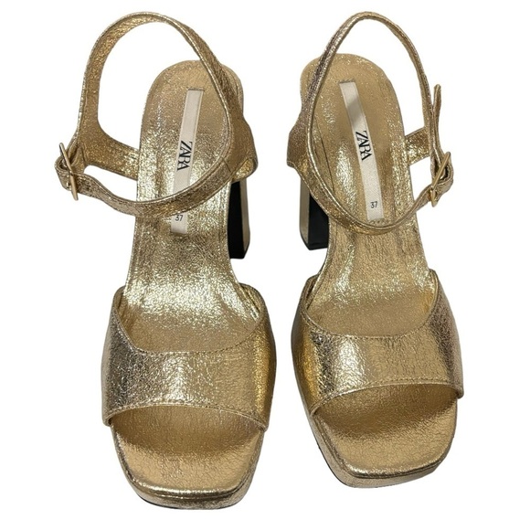 Zara Gold Shimmer Metallic Platform Open Toe Ankle Strap Heel Sandals Size 6.5 - Picture 9 of 10